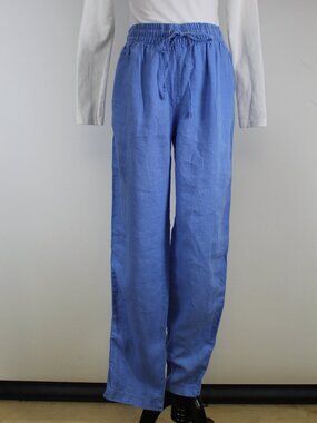 H&M 100% Linen Blue Drawstring Pants Size Small Elastic Waist Wide Leg